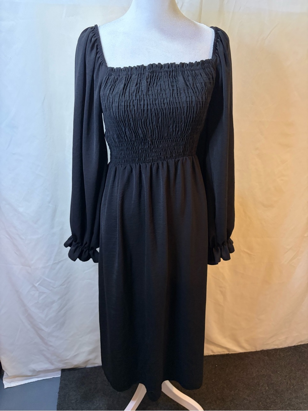New Look by ASOS Black Smocked Square-Neck Midi Dress - Peasant